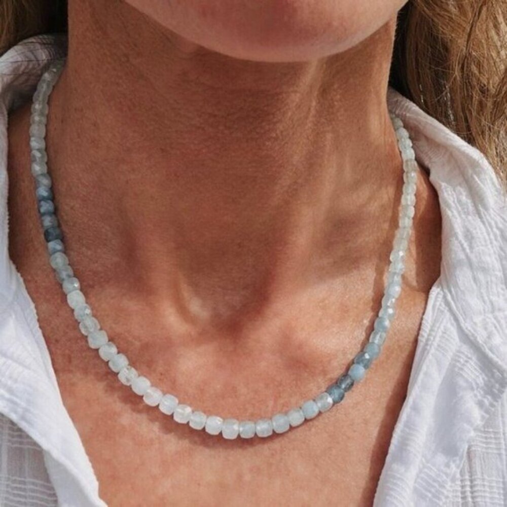Aquamarine Beaded Necklace Ocean Blue Gemstone Jewelry Waterproof Vacation Gift - Picture 14 of 14